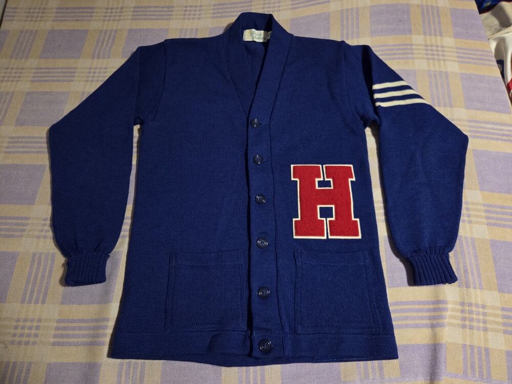 Vintage 60s 70s Letter H Blue Knit Letterman Cardigan Sweater Wool Rare Striped